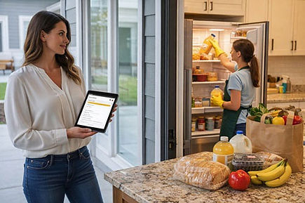 Property manager reviewing a grocery order on a tablet while a cleaning professional stocks a vacation rental kitchen with groceries, refrigerator open and organized for guest arrival