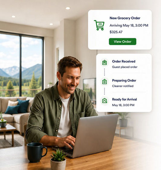 Property manager reviewing a grocery arrival order dashboard on a laptop with automated guest order status updates displayed beside him.