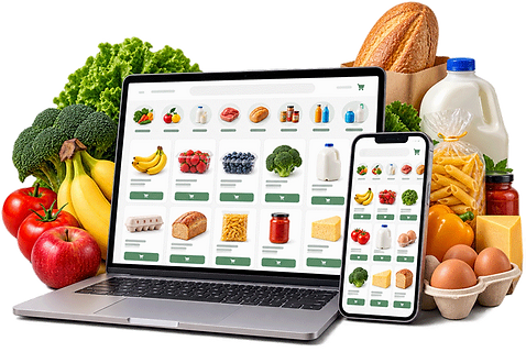 Everyday Market ecommerce example shown on desktop and mobile devices with everyday grocery products.