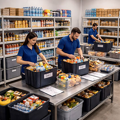 Organized grocery fulfillment staging area with workers sorting and packing customer orders into labeled bins, surrounded by stocked shelving and a clean, structured workflow environment.
