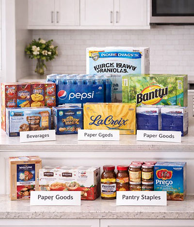 Organized Costco dry multipacks separated into clearly labeled portions on a clean counter, showing careful split-item handling without refrigerated products.