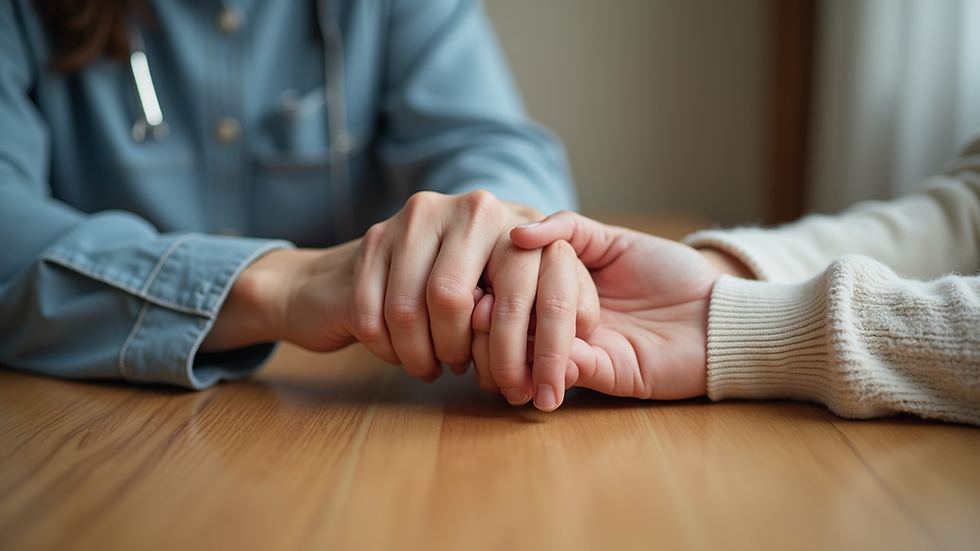 Close-up view of a caregiver’s hand gently holding a senior’s hand on a wooden table
