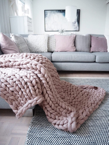 Chunky Knit Blanket, Handmade Arm Knit 48x60 Throw Blanket- Pink