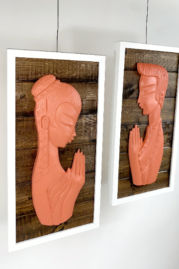 Thumbnail: Framed Painted Carved Wood Sculptures on Stained Wood Background