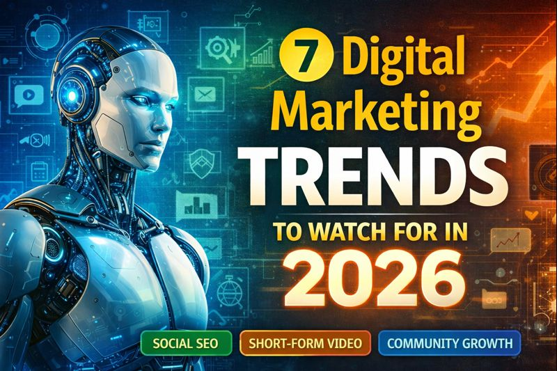 Blue digital marketing trends 2026 graphic with a robot and an upward chart.