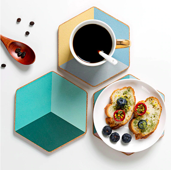 Thumbnail: Oversized Geometric Coasters, Multicolored Color Block Hexagon, Set of 4