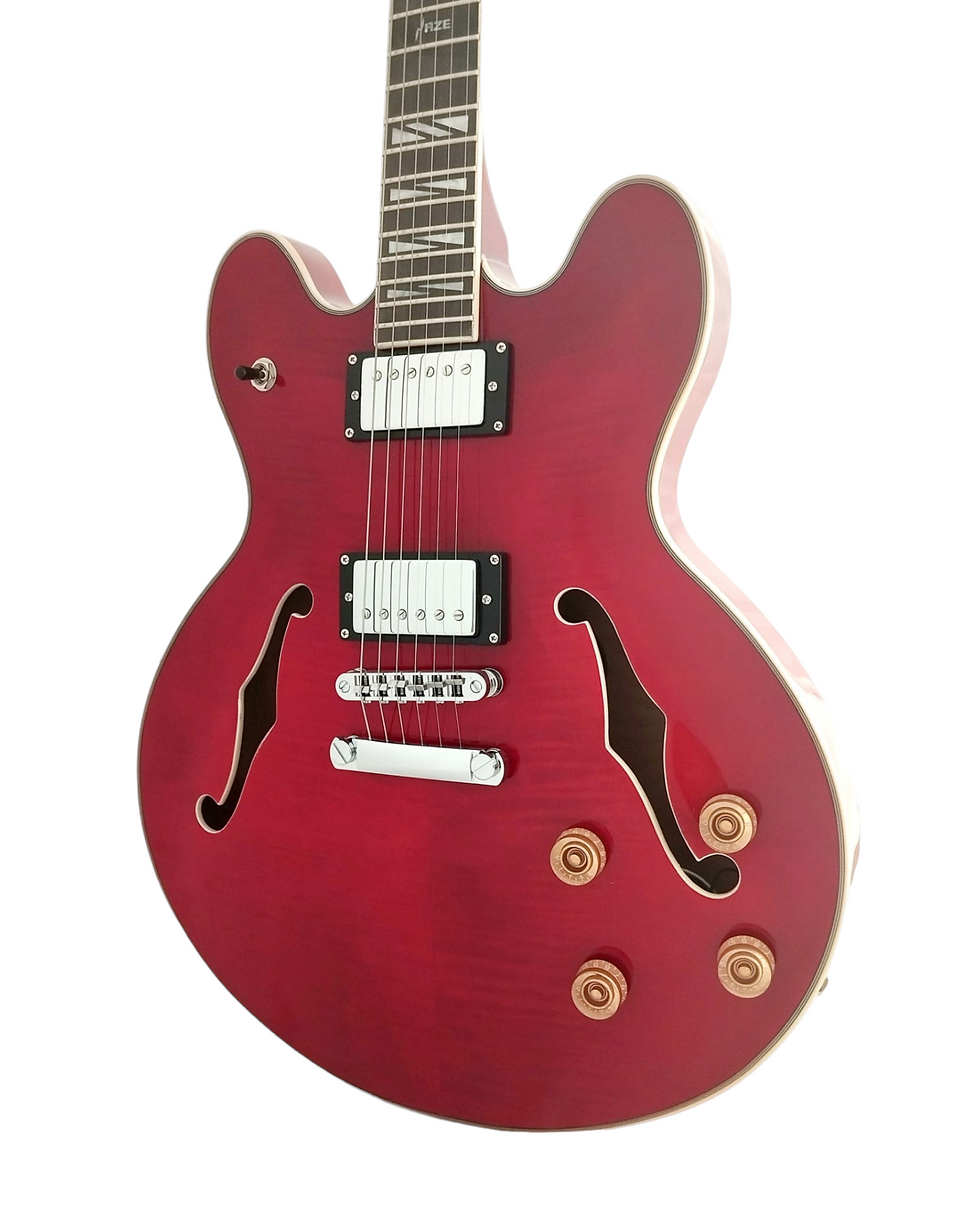 Thumbnail: Haze Semi-Hollow Flame Maple HES Electric Guitar SEG272CR - Cherry Red