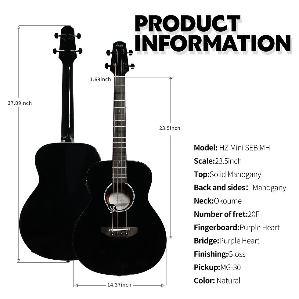 Thumbnail: Haze 37" Solid Sitka Top Height Adjustable Saddle Acoustic Bass Guitar - Black H