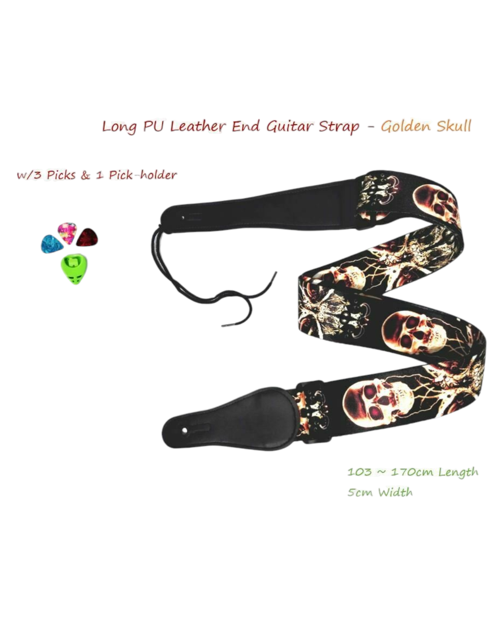 Long PU Leather End Guitar Strap, Length Adjustable 103~170cm, "Golden Skull", G