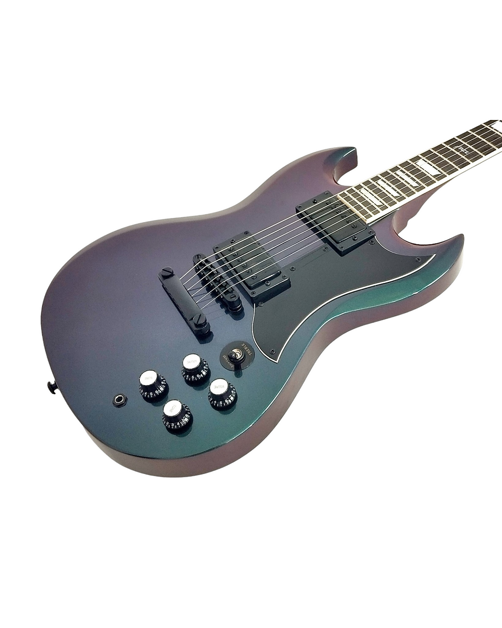 Thumbnail: Haze SEG275V Electric Guitar - Vintage H-H Double Cutaway, Chameleon Purple-Gree