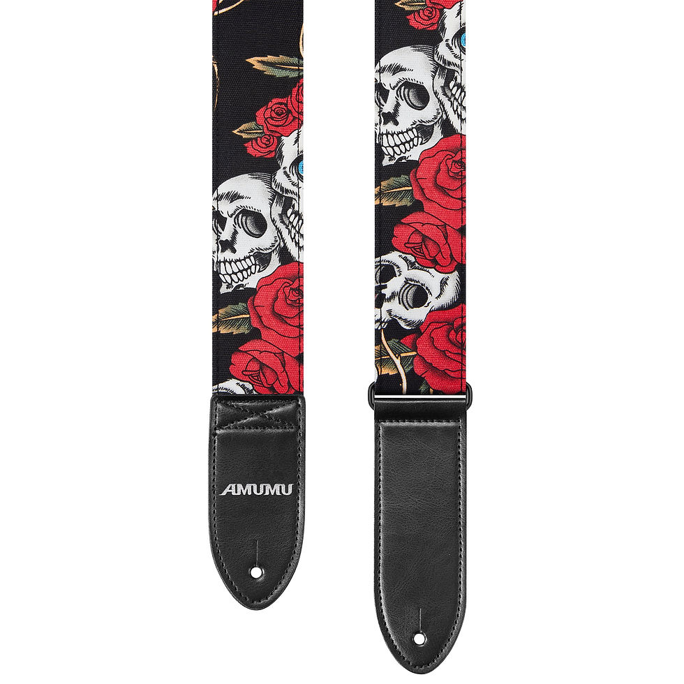 Thumbnail: Amumu Skull Rose Guitar Strap Red Denim for Acoustic/ Electric Guitars, Bass - D
