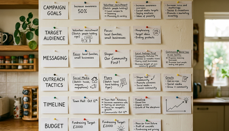 Wide-angle view of a kitchen wall covered with paper notes arranged in neat rows.