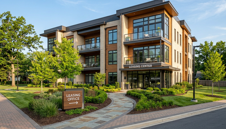 Wide-angle view of a modern multifamily apartment building exterior