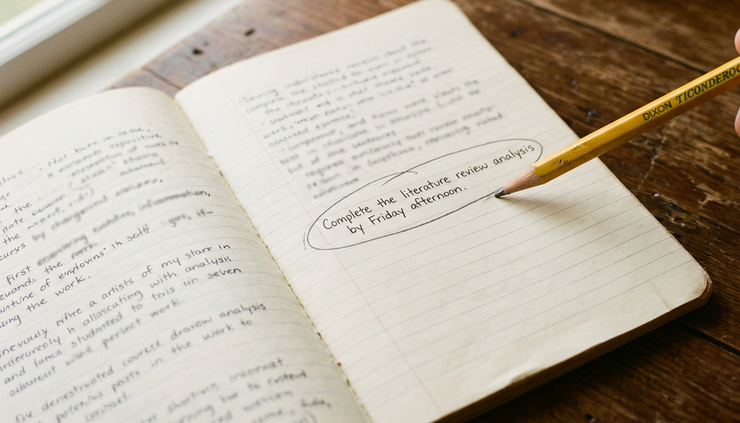 Close-up view of a pencil circling one sentence in a notebook.