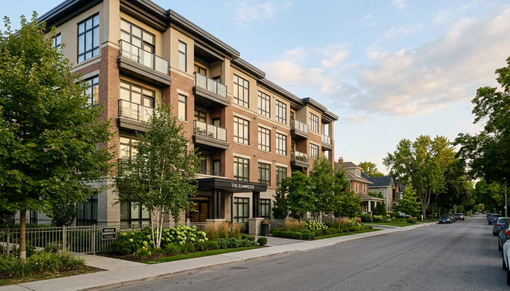 Wide-angle view of a mid-rise apartment building from across a quiet residential street.