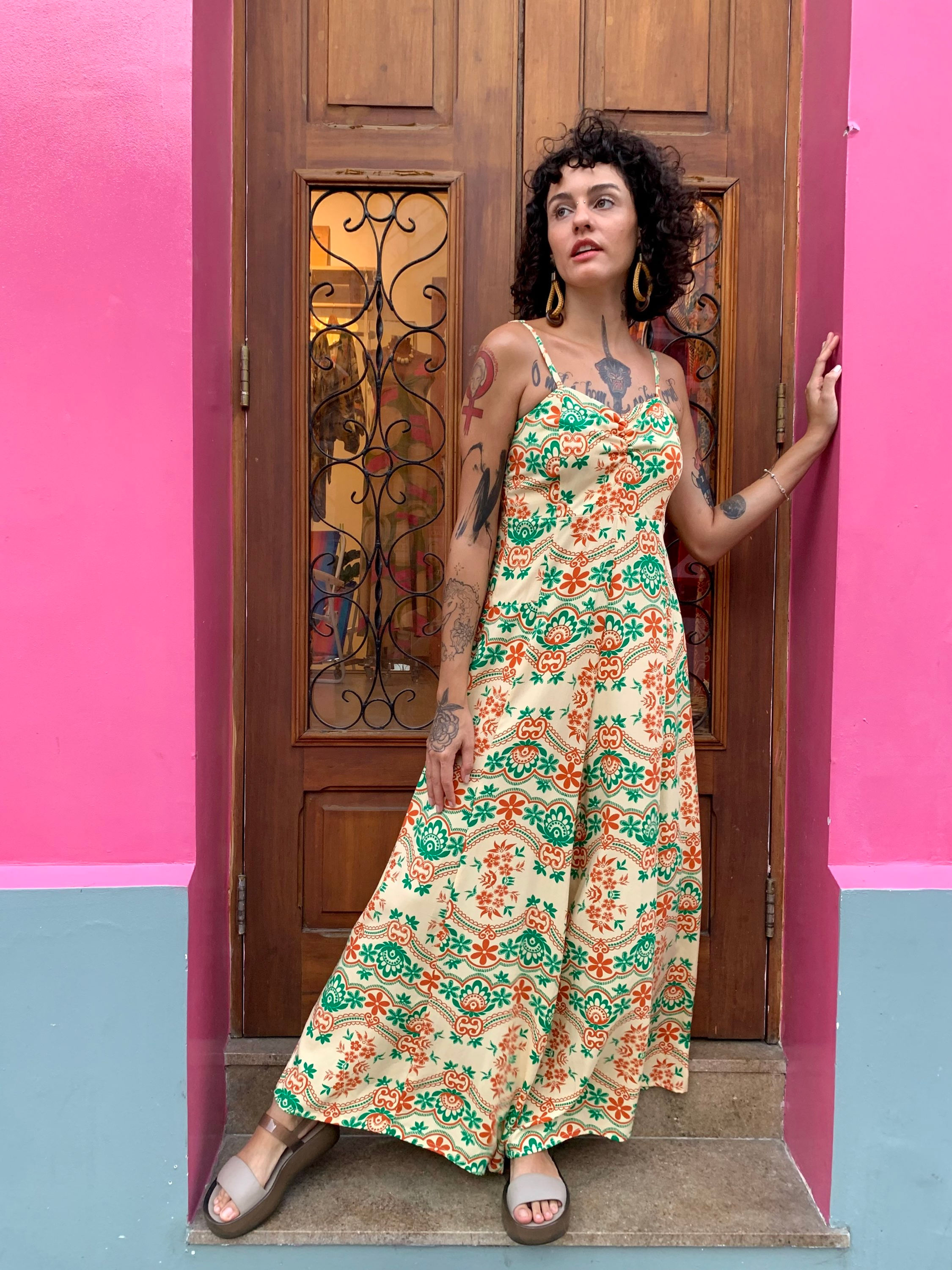 MACACÃO PANTALONA ASTECA FLORAL VERDE