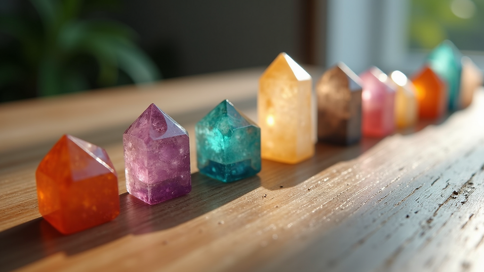 Close-up view of colorful healing crystals arranged on a wooden surface