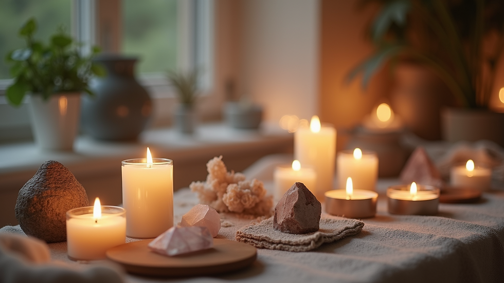 Eye-level view of a meditation altar with crystals and candles