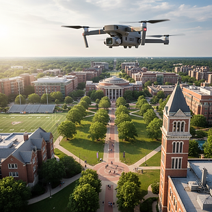 Firefly_Gemini Flash_I'd like to show a school campus with a commercially available drone