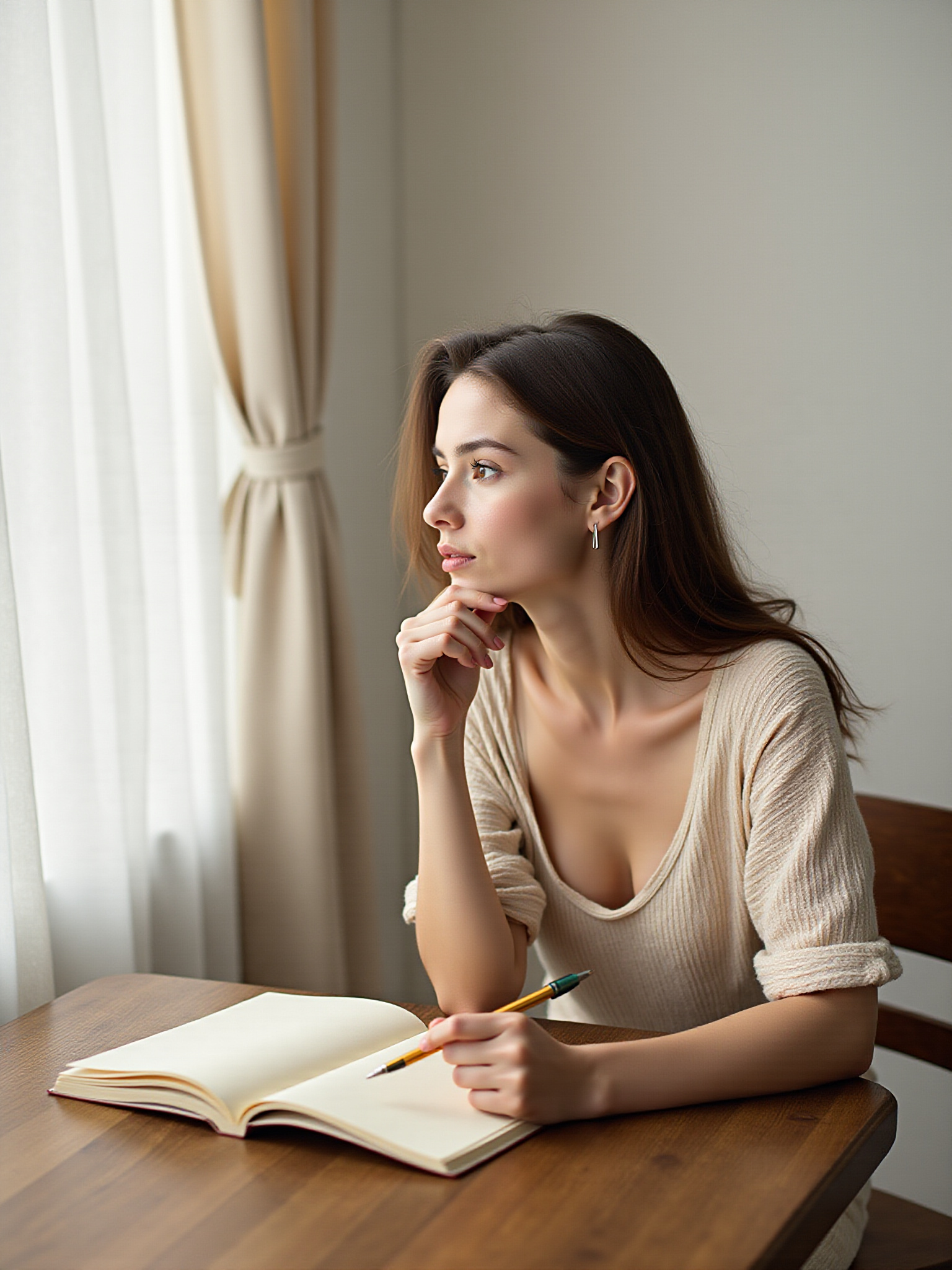 Woman pondering her next journaling looking out window