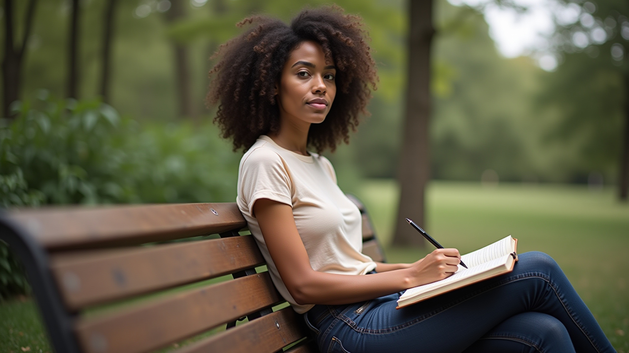Woman writing in notebook on park bench