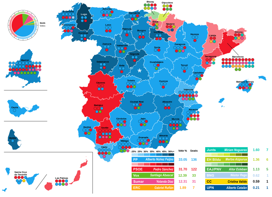 2023 Spanish general election results showed on a map