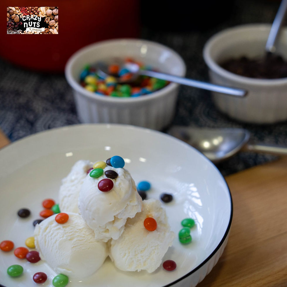Scoops of vanilla ice cream topped with Mini Smarties