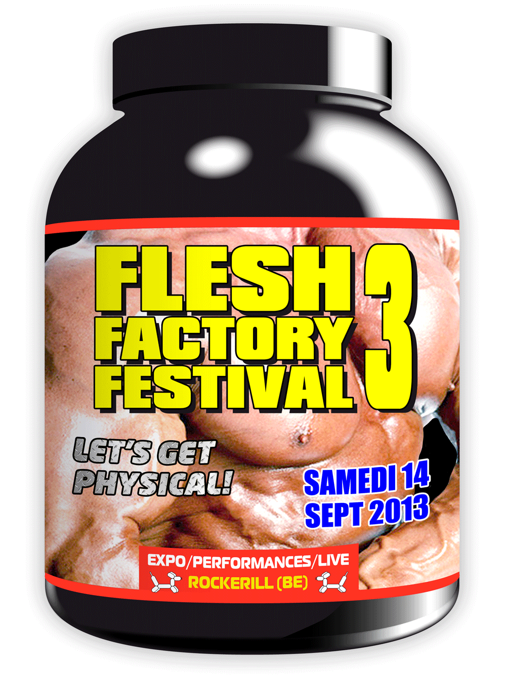 Picto caniche, visuel flesh factory festival 3, Rockrill charleroi, culturisme, chan graphiste, arts performances, anabolisant