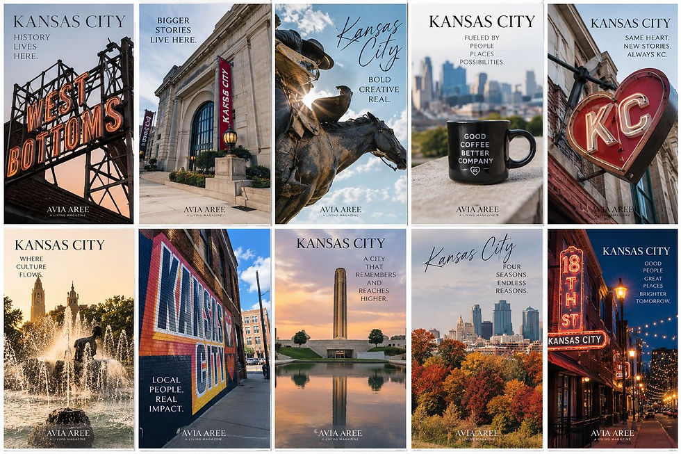 AVIA AREE Kansas City postcard series showing West Bottoms, Union Station, a cowboy statue, coffee and skyline, KC signage, fountains, mural art, Liberty Memorial, fall foliage and 18th Street.