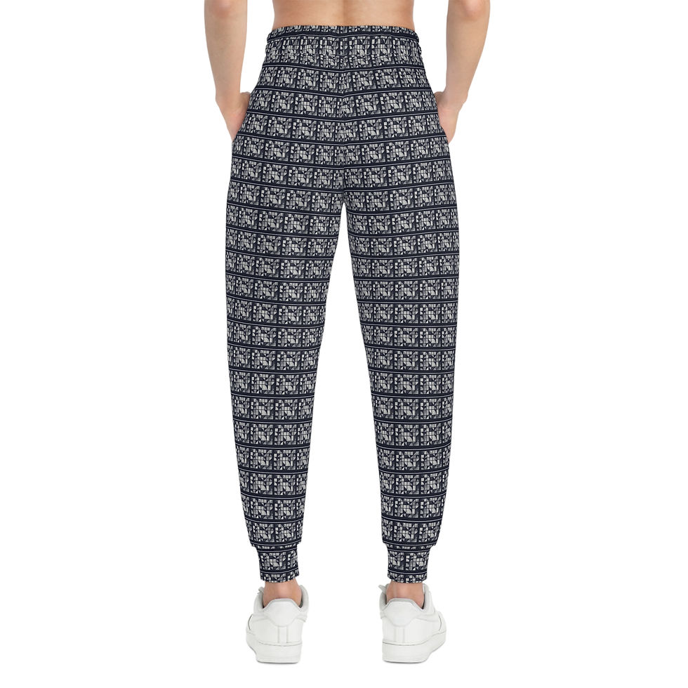 Thumbnail: All-Over Print Athletic Joggers — Navy Geometric Grid Pattern