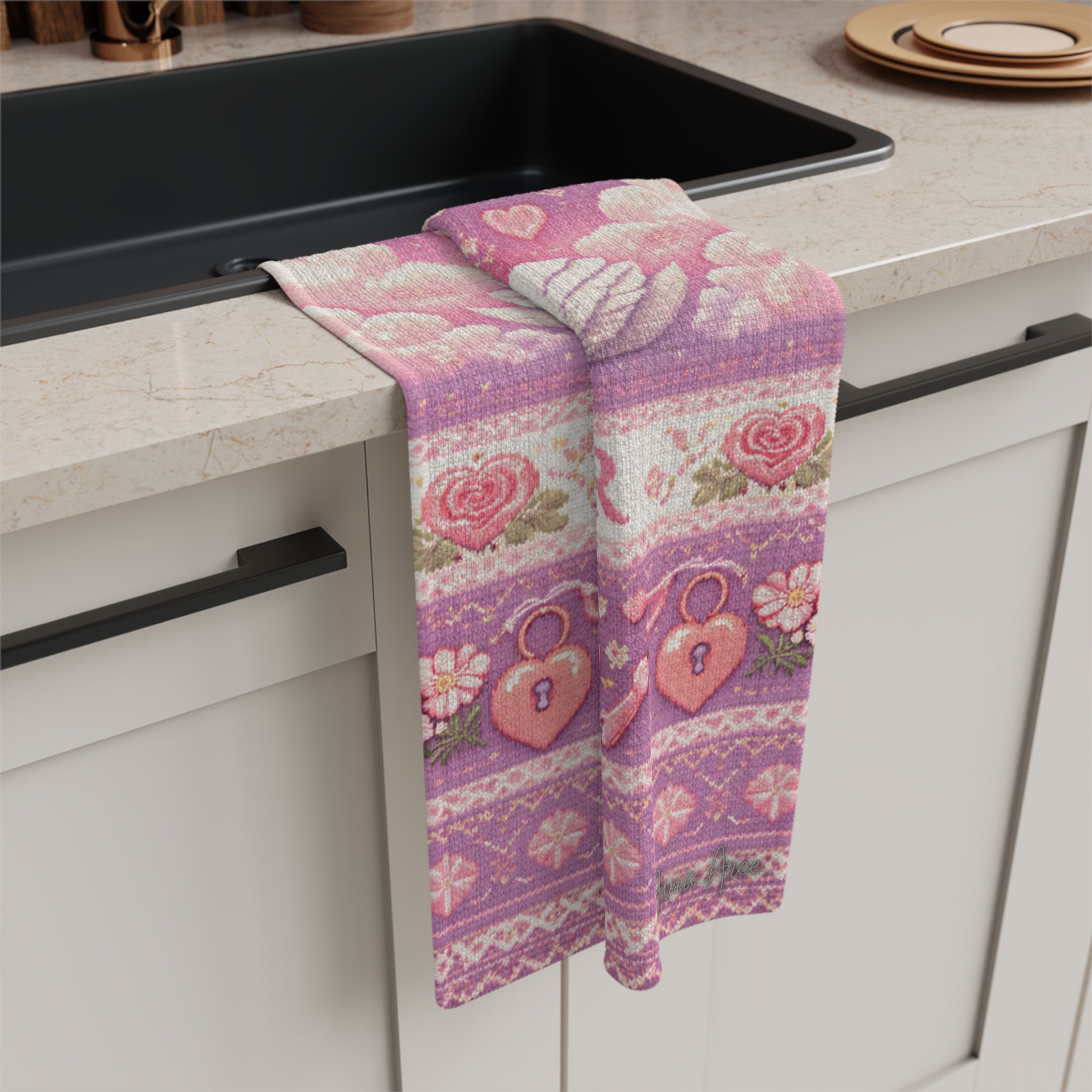 Microfiber Tea Towel — Pink Swan 'Forever' Romantic Kitchen Towel