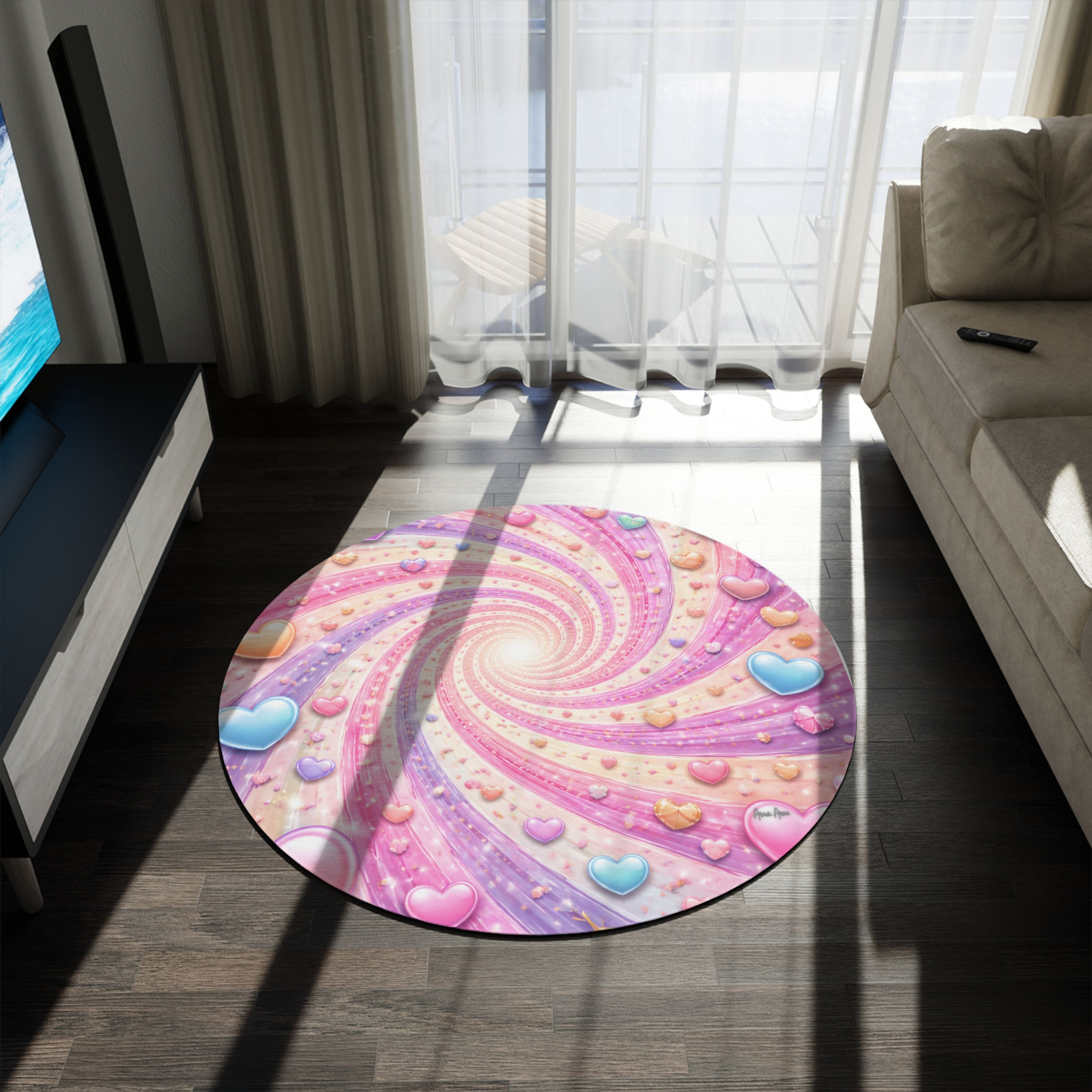 Pastel Heart Vortex Round Rug — Cute Pink & Lavender Accent Mat (Fun with Pets)