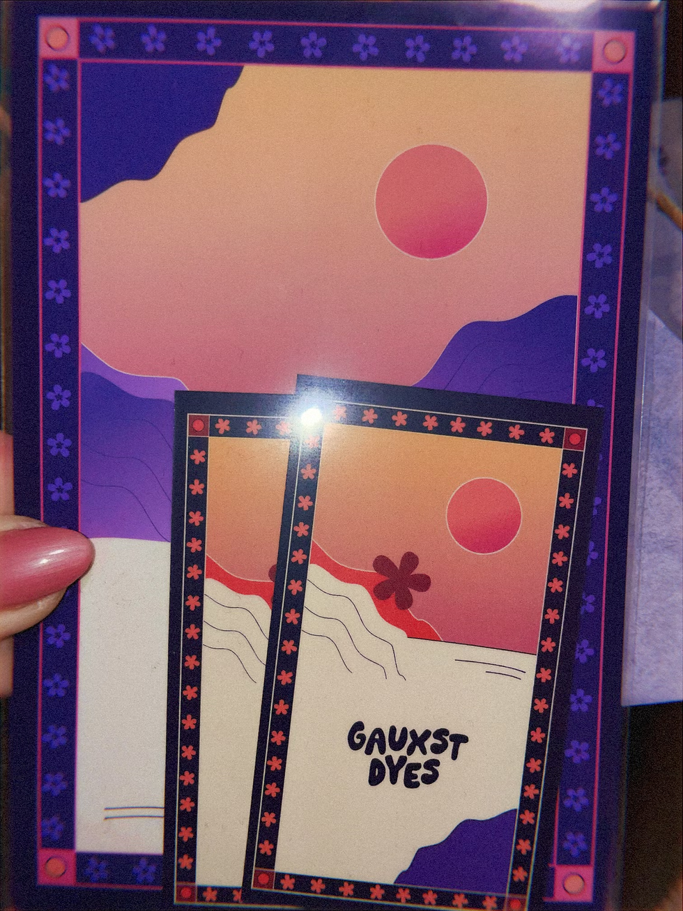 Gauxst Dyes postcard and business cards featuring colorful brand artwork