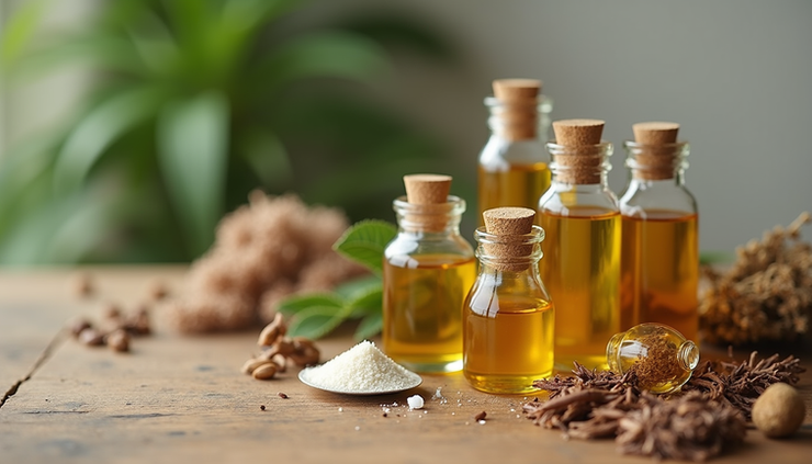 Eye-level view of a wooden table with natural oils and botanical ingredients arranged neatly