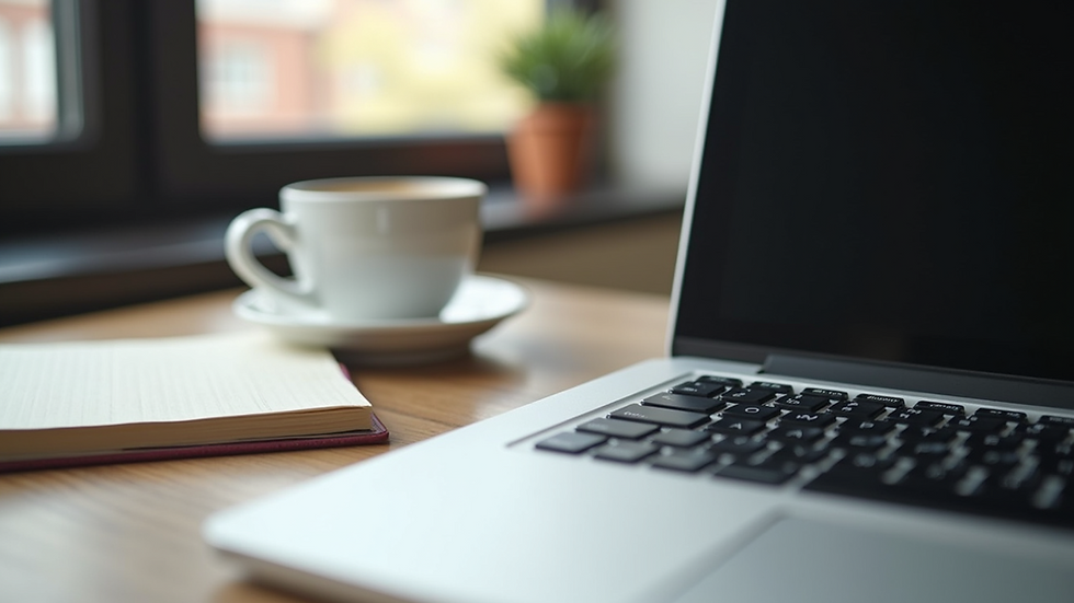 Eye-level view of a laptop with a notepad and coffee cup