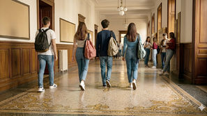 Un gruppo di studenti maturandi camminano nei corridoi di una scuola (visti di spalle)