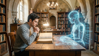 Immagine generata con AI di un uomo che legge un libro in un'antica biblioteca, seduto davanti all'ologramma di un robot che digita su uno schermo interattivo.