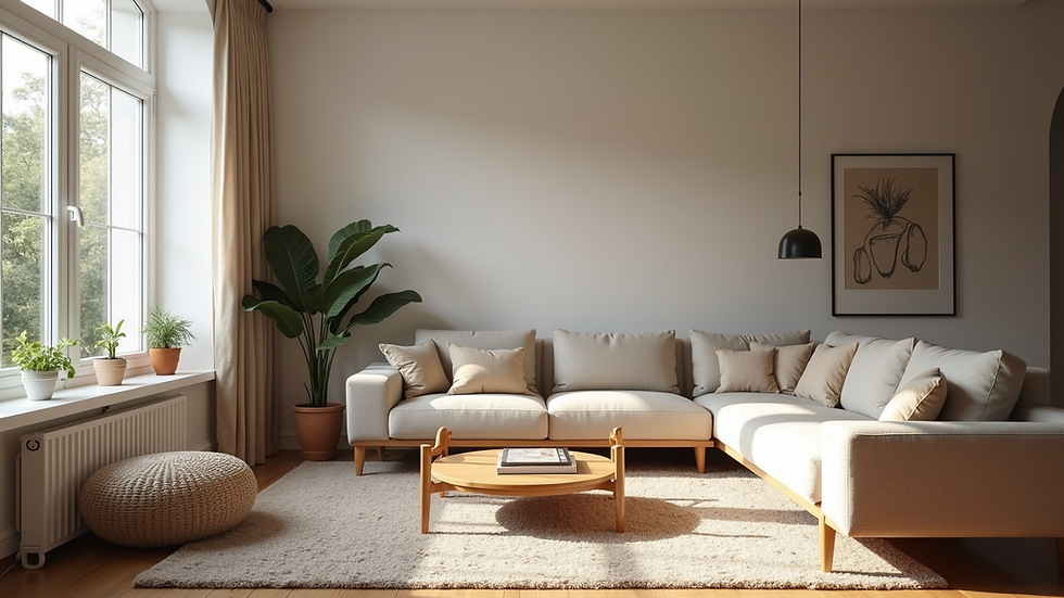Wide angle view of a cozy living room with modern furniture