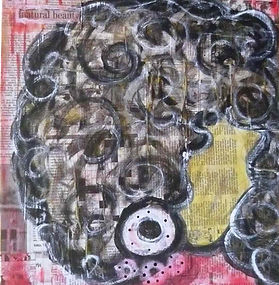 This mixed-media piece layers fragments of newspaper clippings into a textured backdrop, grounding the work in history, memory, and social commentary. Emerging from this chaotic surface is a stylized figure outlined in bold black, her form filled with swirling patterns of gray, black, and yellow. A single circular eye and a bright yellow mouth-like shape stand out, giving her presence both intensity and intrigue.

The interplay of printed text and abstract design suggests a woman shaped by stories—absorbing, reflecting, and embodying the voices of the world around her. The swirling interior patterns evoke complexity and movement, while the newspaper foundation reminds us of the narratives that construct identity and culture.