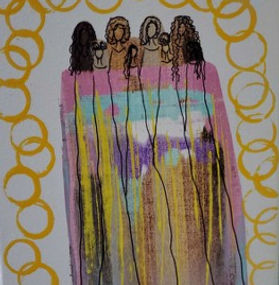 Motherhood is a radiant celebration of nurturing, unity, and the sacred bond between mothers and children. At the heart of the composition, five stylized figures stand closely together, their forms simplified yet deeply expressive. The figures embody both mothers and children, their closeness symbolizing protection, guidance, and the interwoven nature of family.

They are set against a multicolored vertical background of flowing streaks in pink, yellow, blue, purple, and brown. This backdrop resembles a garment or fabric, suggesting both shelter and continuity—an embrace that extends beyond the individual to encompass community and heritage. The vertical strokes also evoke growth, like roots and branches, reinforcing the theme of life carried forward through generations.

Encircling the figures are yellow circular shapes that form a radiant border along the top and sides of the canvas. These glowing orbs suggest halos, suns, or seeds—symbols of light, fertility, and divine presence. They frame the figures in warmth, elevating the everyday act of mothering into something sacred and eternal.

The simplicity of the figures, contrasted with the vibrancy of the background, allows the viewer to focus on the essence of the theme: connection, resilience, and love.