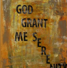 The canvas is layered with earthy tones of orange, yellow, green, and gray, blended into an abstract, textured background that feels both grounding and luminous. The phrase unfolds across the surface, with the word serenity arranged vertically down the right side. This deliberate placement slows the viewer’s reading, mirroring the meditative rhythm of prayer and reflection.

The composition transforms a familiar invocation—the opening of the Serenity Prayer—into a visual meditation. The fragmented arrangement of letters suggests the process of seeking serenity: not immediate, but gradual, unfolding step by step. The textured background, with its interplay of warm and cool tones, evokes both the turbulence of life’s challenges and the calm that faith and acceptance can bring.

By combining text and abstract color fields, Serenity bridges word and image, inviting viewers to pause, breathe, and internalize its message. It is both a prayer and a painting, a reminder that serenity is not simply asked for—it is cultivated through reflection, surrender, and trust