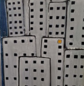 Insomnia captures the restless tension of sleepless nights through stark geometry and subtle symbolism. A cluster of tall, rectangular buildings dominates the canvas, their facades painted in shades of gray with black outlines and countless small, square windows. The repetition of these windows evokes monotony and confinement, mirroring the endless cycle of wakefulness.

Against this uniformity, one single orange window near the top right of the central building breaks the pattern. This glowing square becomes the focal point of the piece—an emblem of individuality, awareness, or the lone soul awake while the city sleeps. Its warmth contrasts with the coldness of the surrounding structures, suggesting both isolation and resilience.

The background is a deep, dark blue, pierced by a white circular form in the upper left, reminiscent of the moon. This celestial presence heightens the nocturnal atmosphere, reinforcing the theme of sleeplessness. The dense arrangement of buildings conveys claustrophobia, while the solitary orange window offers a fragile spark of life and consciousness amid the silence.

Through its minimalist style and limited palette, Insomnia transforms the urban cityscape into a metaphor for the inner landscape of sleeplessness: repetitive, heavy, yet punctuated by moments of clarity and light.