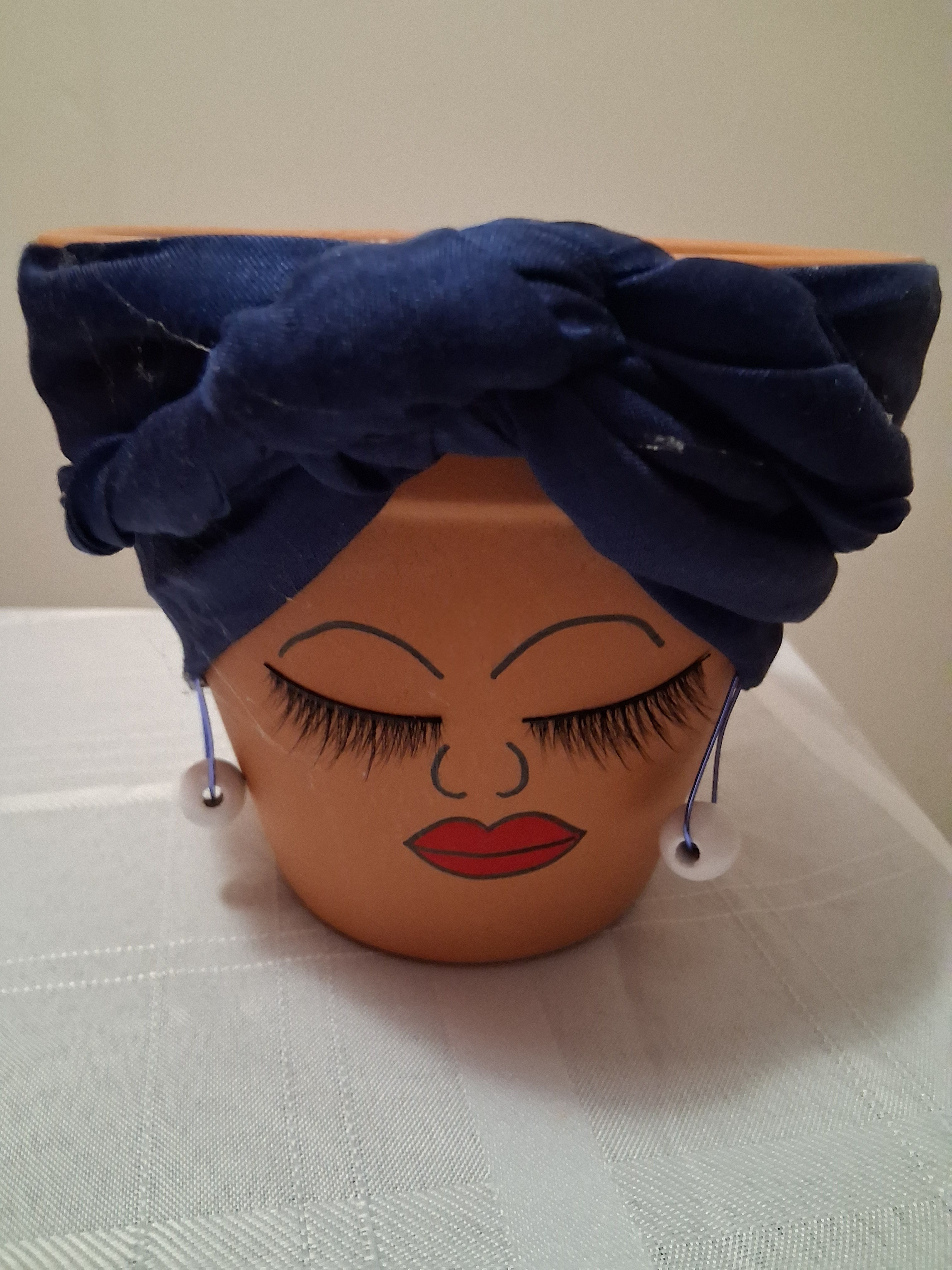 Blue Turban w White Earrings Clay Pot