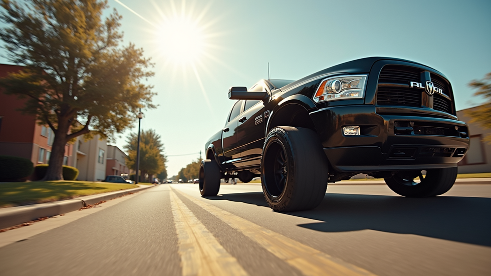 Eye-level view of a lifted black truck with custom wheels parked on a sunny street