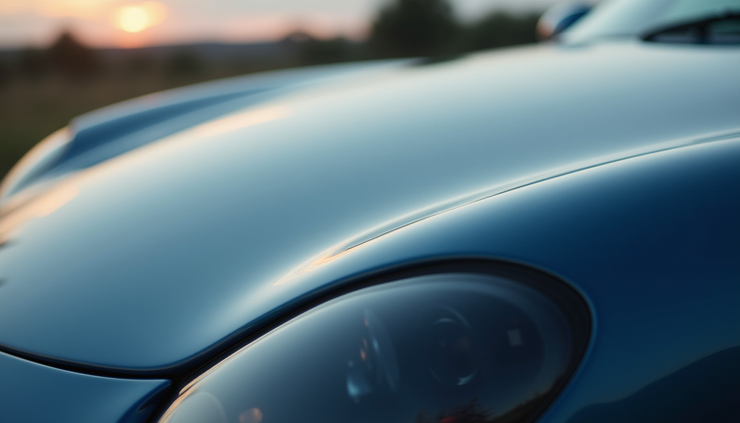 Close-up view of a car hood with clear paint protection film applied
