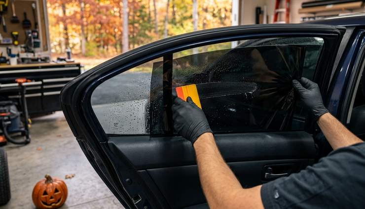 Close-up of a technician smoothing tint film onto a car window beside a small Halloween pumpkin.