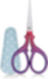 A pair of sharp scissors with purple and pink handles with a light blue sheath to hold the blades.
