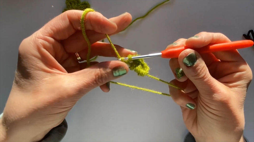 Crocheting with I Love This Yarn in Keylime yarn to make a shamrock.