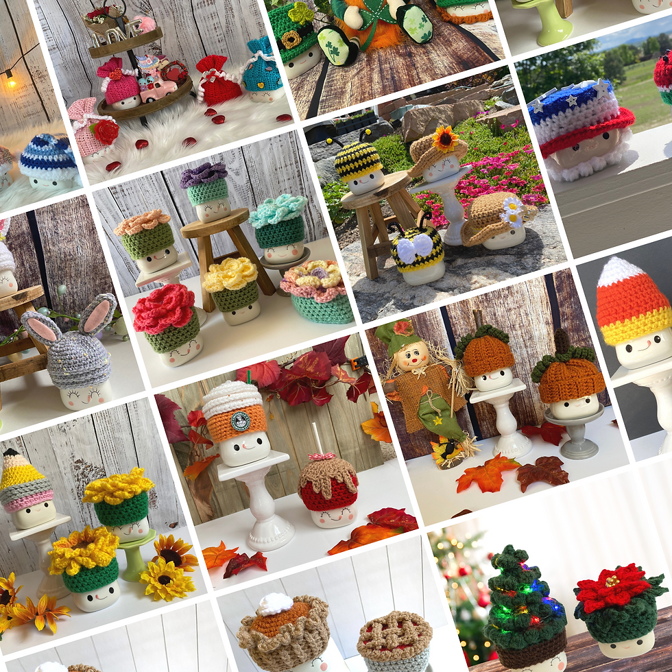 A compilation of seasonal crocheted hats that fit on a marshmallow mug.