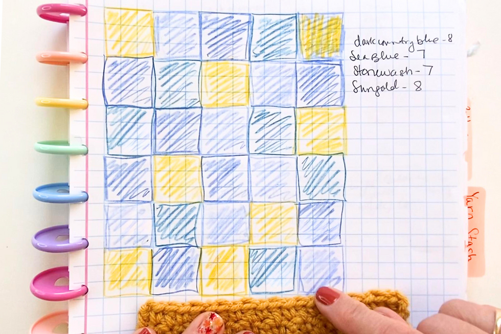 Graph paper with colored squares depicting crocheted blocks laid out to make a baby blanket.
